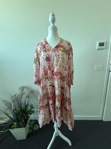 adorne pink floral emma sheer frill mini dress bamboo blend lined size 16 - Picture 1 of 5