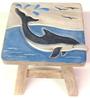 Dolphin Playing in the Blue Sea Child Carved Wood Kitchen Bath Step Stool - Image 1 of 2