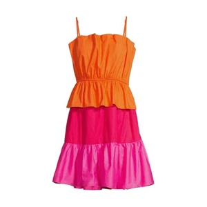 Chloe + Rene M NEW Orange & Pink Colorblock Sleeveless Tiered Poplin Mini Dress - Picture 1 of 10