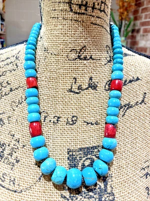 Faux Turquoise & Coral Beaded Graduated Southwestern Necklace Jewelry 24" - Image 1 of 4