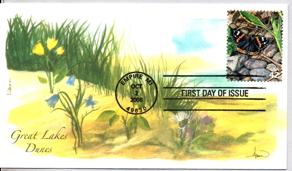 #4352j RED ADMIRAL BUTTERFLY GREAT LAKES DUNES SERIES STAMP, EDKEN FDC ARTWORK - Image 1 of 1