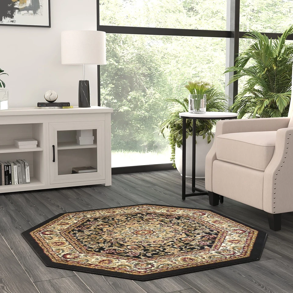 Bellagio Traditional Octagon Area Rug Black 401 4 Feet Feet Octagon