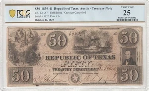 1839-41 $50 Republic of Texas, Austin Treasury Note - PCGS VF25 Cr- TX-A7 - Picture 1 of 2