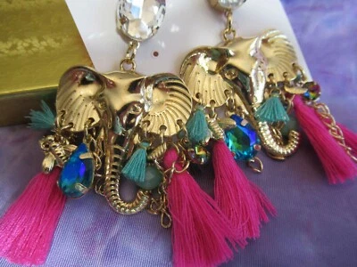 BEAUTIFUL  GOLD GANESH ELEPHANT EARRINGS GEMSTONES TASSEL EARRINGS NEW - Image 1 of 4