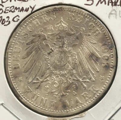 BADEN Germany  SILVER.   5 Mark 1903 G  AU - Image 1 of 4