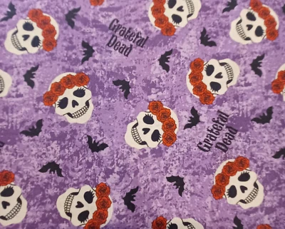 Grateful Dead Halloween Rose Skulls & Bats Purple Cotton Fabric - Image 1 of 4
