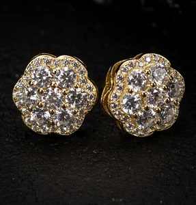 Men's Big Large Yellow Gold Sterling Silver Flower Cluster Hip Hop Stud Earrings - Picture 1 of 4