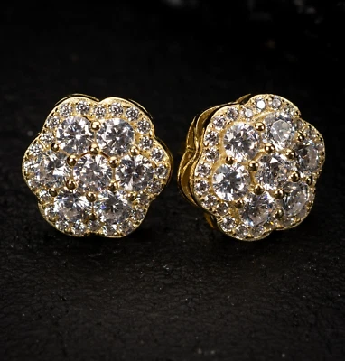Men's Big Large Yellow Gold Sterling Silver Flower Cluster Hip Hop Stud Earrings - Image 1 of 4