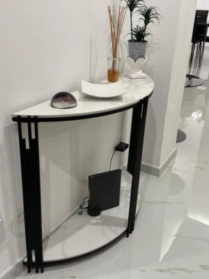 Modern Half Moon Round Console Table Dual Layer Marble Shelf Hallway Living Room - Image 1 of 4