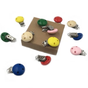 Pack of 5 Baby Dummy Clips Round Wooden Connector Metal Clip Pacifier Holder - Picture 1 of 15