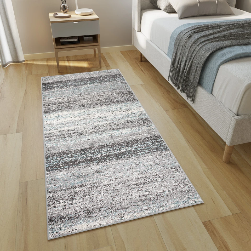 Wohnzimmer Teppichläufer Shaggy Langflor Gestreift Grau Schlafzimmer ÖKOTEX - Bild 1 von 1