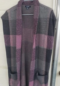 Chaps Plum Pink Gray Plaid Open Vest Knit Cardigan Duster Shawl Collar M - Picture 1 of 9