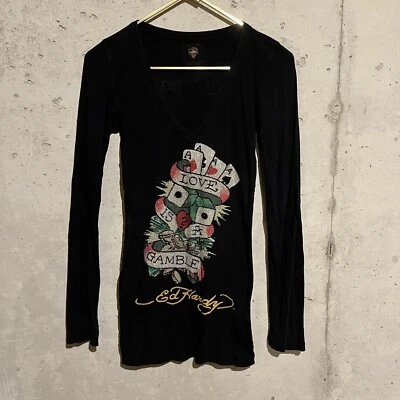 Women’s Ed Hardy by Christian Audigier Long Sleeve Shirt Size L Love Is A Gamble - Image 1 of 4
