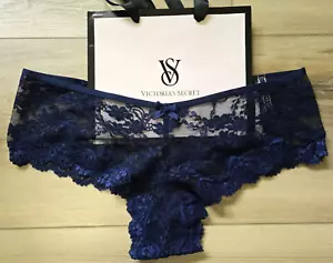 NWT Victoria's Secret Blue Sheer Mesh Lace Trim Strappy Cheeky Bow Panties M - Picture 1 of 3