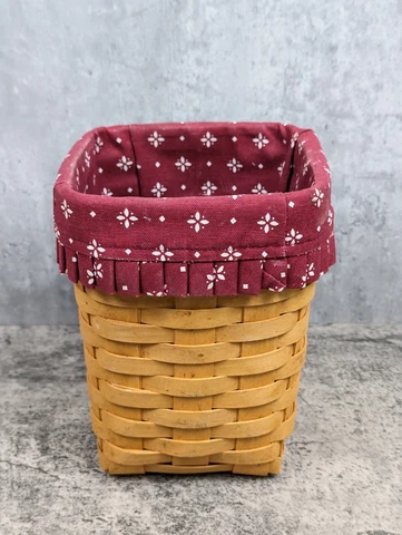 Longaberger 1999 Mini 8" Tall Waste Basket & Burgundy Fabric Liner 11258 Cover