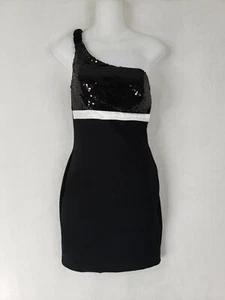 Ruby Rox Black White Sequin Ruched Bodycon Dress Size 3 One Shoulder Strap  - Picture 1 of 12