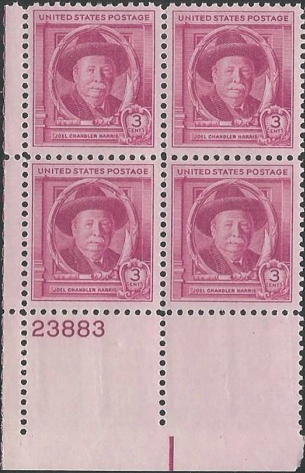Plate Block of 4 Stamps - Scott 980 - 3 cent - Joel Chandler Harris - 1948 - MNH - Image 1 of 1