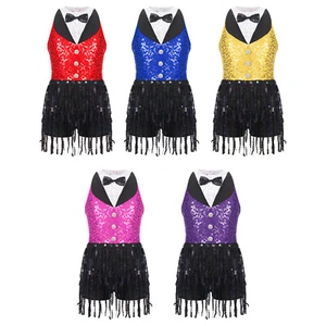 Girls Latin Dance Dress Shiny Sleeveless Sequin Tassel Ballroom Costume Outfit - Picture 1 of 59