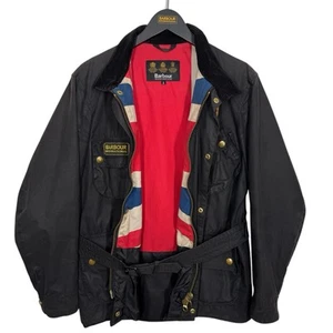 Barbour International A34 Union Jack Wax Jacket A7 Mens Small Black Biker Flag - Picture 1 of 23