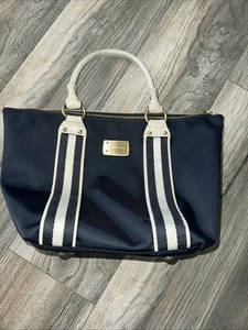 Bolso de Mano DE COLECCIÓN Michael Kors Azul Marino y Blanco Rayas Lona y Cuero 15"x9" - Imagen 1 de 5