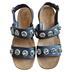 PRADA Black Leather Crystal Embellished Flat Slingback Flat Sandals, Size 38 - Picture 1 of 4