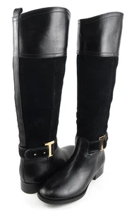 $495 TORY BURCH TENLEY Black Leather Suede Combo Designer Fashion Riding Boots 5 - Picture 1 of 5
