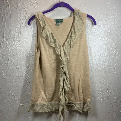 Blusa Camisa Top Ralph Lauren Beige Lino Tejido Romántico Seda Encaje Talla Mediana Foto 1 de 4