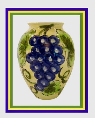 Jarrón de cerámica amarillo de granero pintado a mano italiano de 9 1/2" con uvas moradas Foto 1 de 4