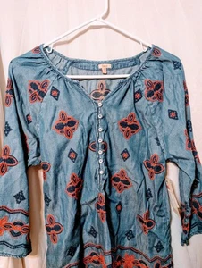 Camisa Reba Pequeña Cambray Denim Bordada Vaquera Suroeste Abotonada - Imagen 1 de 8