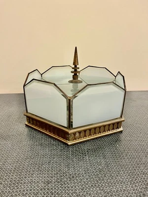 Antique Flush Mount Art Deco Brass Light Hexagon, Frosted White + Amber Glass - Image 1 of 4