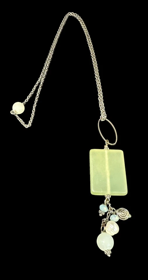Collar Artesanal Placa de Plata Tallada Jade Perla Cristal Cuentas Modernista Foto 1 de 4