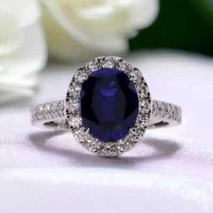 2.90 Ct Oval Cut Natural Sapphire & Diamond Wedding Ring 14K White Gold Size 5 - Picture 1 of 8