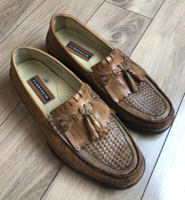 Talla 8.5D FLORSHEIM Cuero Marrón Cesta Tejido Borla Sin Cordones Mocasín Suela de Goma Foto 1 de 4