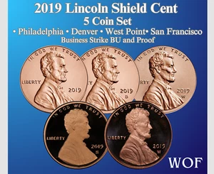 2019 P D W S Lincoln Shield Cent 5 Coin Set BU & W S Proof Quality - Free Ship - Picture 1 of 2