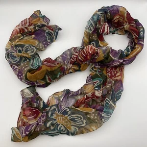 Vintage Sheer Floral Pattern Scarf 11x62” Deep Colored Lightweight Rayon India - Picture 1 of 11