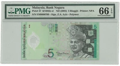 Malaysia RM5 Zeti Low Serial Number Last Prefix PMG66 EPQ Polymer Banknote - Image 1 of 2