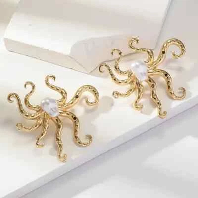 Pendientes Pulpo Blanco Imitación Barroco Perla Tono Dorado Pendientes Grandes Foto 1 de 4