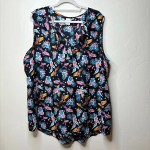 Terra & Sky Blouse Plus Size 2X Black Tropical Floral Parrot Ruffle Semi-Sheer - Picture 1 of 7