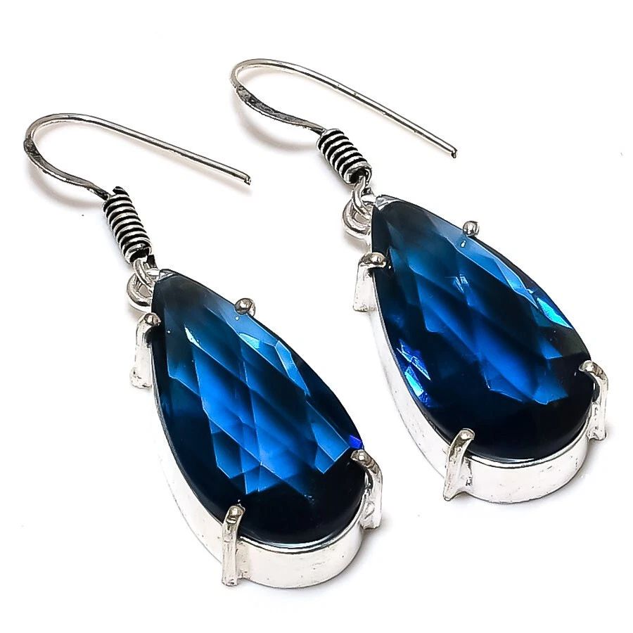 Blue Sapphire Quartz Gemstone Silver Plated Dangle Earrings Jewelry 1.5" - Image 1 of 1