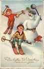 German Christmas Children Skiing - Snowman Vintage Postcard