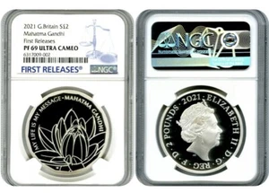 2021 2PD GREAT BRITAIN 1OZ SILVER PROOF MAHATMA GANDHI NGC PF69 FIRST RELEASES - Picture 1 of 3
