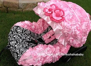 infant car seat cover & canopy cover Pink fit most seat Damask white black Pink - Picture 1 of 3