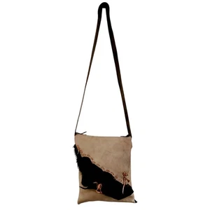 Handmade Tan Leather Hide Fur Stitched Woven Detail Large Crossbody Bag Artisan - Picture 1 of 11