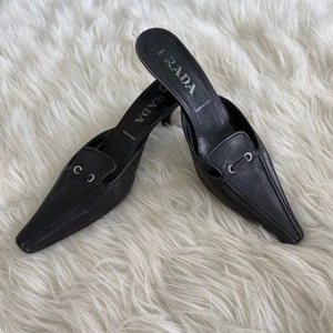 Prada Women's Black Leather Kitten Heel Mules Size 7 Shoes - Picture 1 of 6