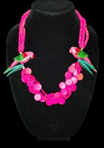 Collana Pappagallo Vintage Rosa Statement Perline Legno Uccellino Tropicale Grosso Boho 20" - Foto 1 di 13