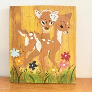 Vintage Hand Painted Wood Plaque Deer Bambi Floral Retro Kitschy 50s Style Art - Picture 1 of 5