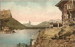 Postal Sun Chalets en Parque Nacional Glacier MT coloreada a mano 1918 Albertype  - Imagen 1 de 3