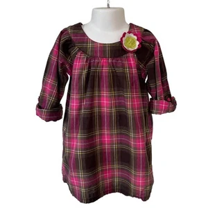 Girls 4 Carter's 3/4 Sleeve Pink Brown White Lime Green Plaid Dress Flower Twins - Picture 1 of 3
