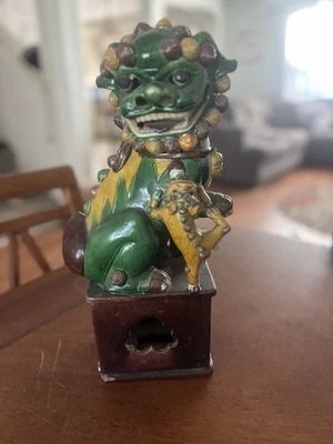 1 件古董 19 世纪 Foo 狗雕像瓷器中国傅守护者绿色黄色 — 第 1/3 张图片