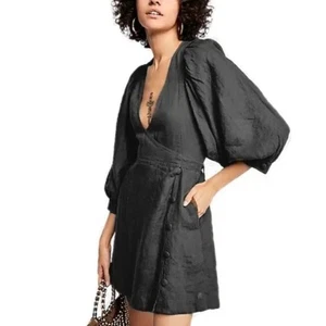 Free People Mini Abito Carino Nero Avvolgente 100% Lino Maniche Lunghe Taglia S - Foto 1 di 15